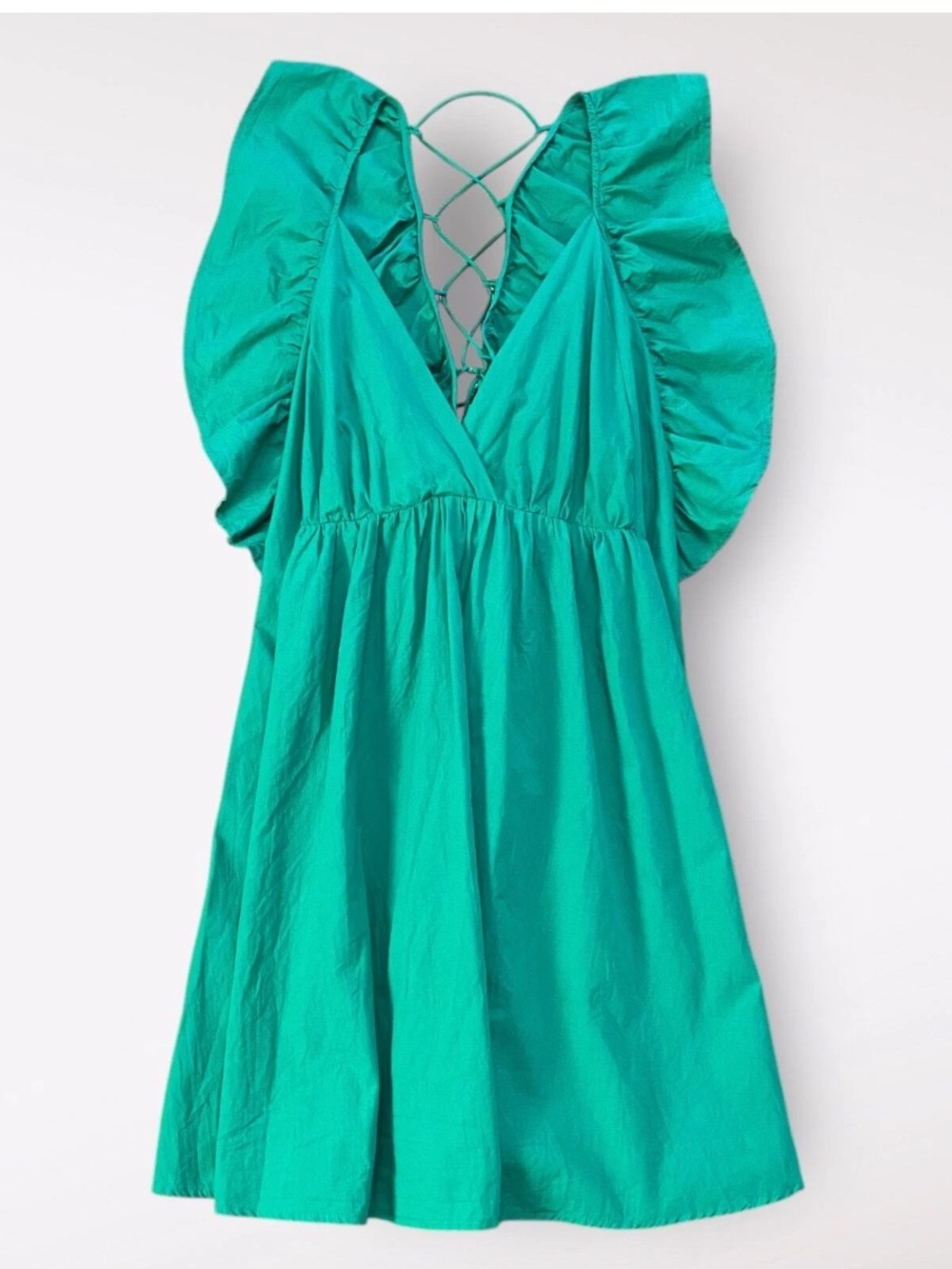 Umgee Emerald Green Cotton Mini Dress L Ruffle Sleeve Lace Up Back Babydoll